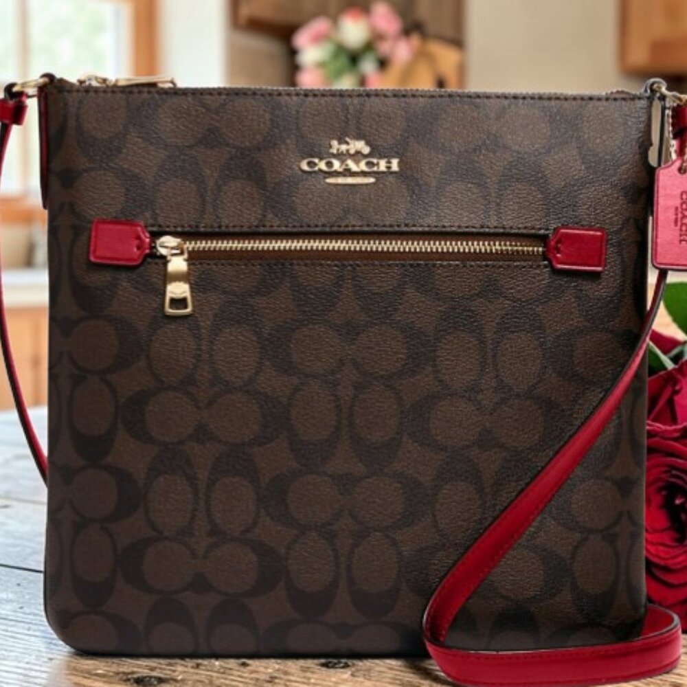 COACH Brown Signature Crossbody Bag with Red Trim